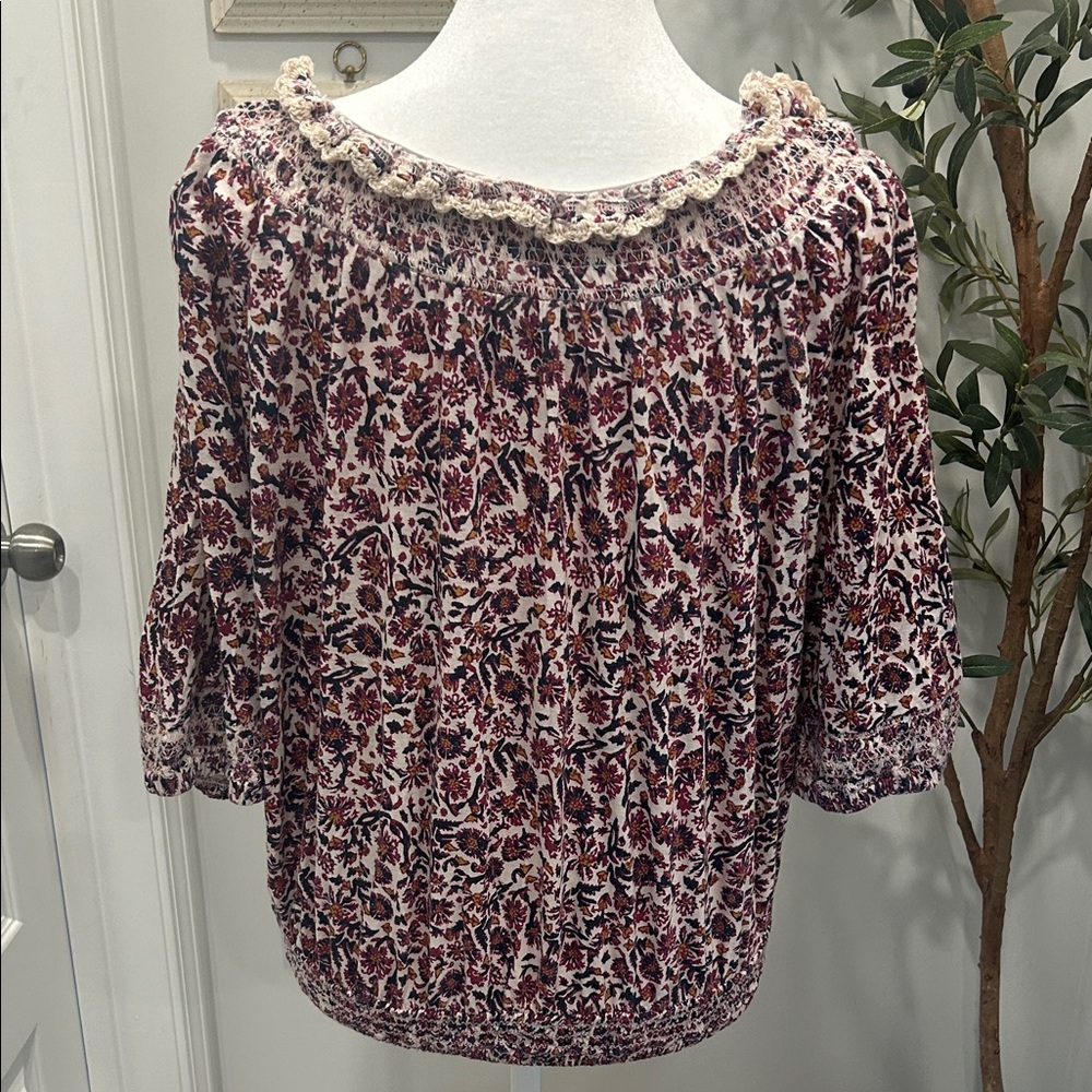 Lucky Brand Boho Floral Tassel Peasant Top - Cream and Burgundy - Picture 4 of 5